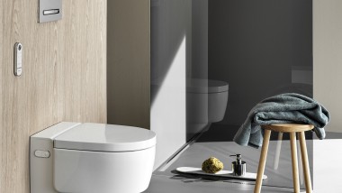 Унитаз-биде Geberit AquaClean Mera Comfort и клавиша смыва Sigma50 (© Geberit)