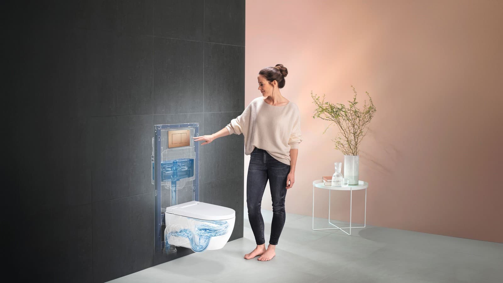 Woman next to Geberit AquaClean Alba